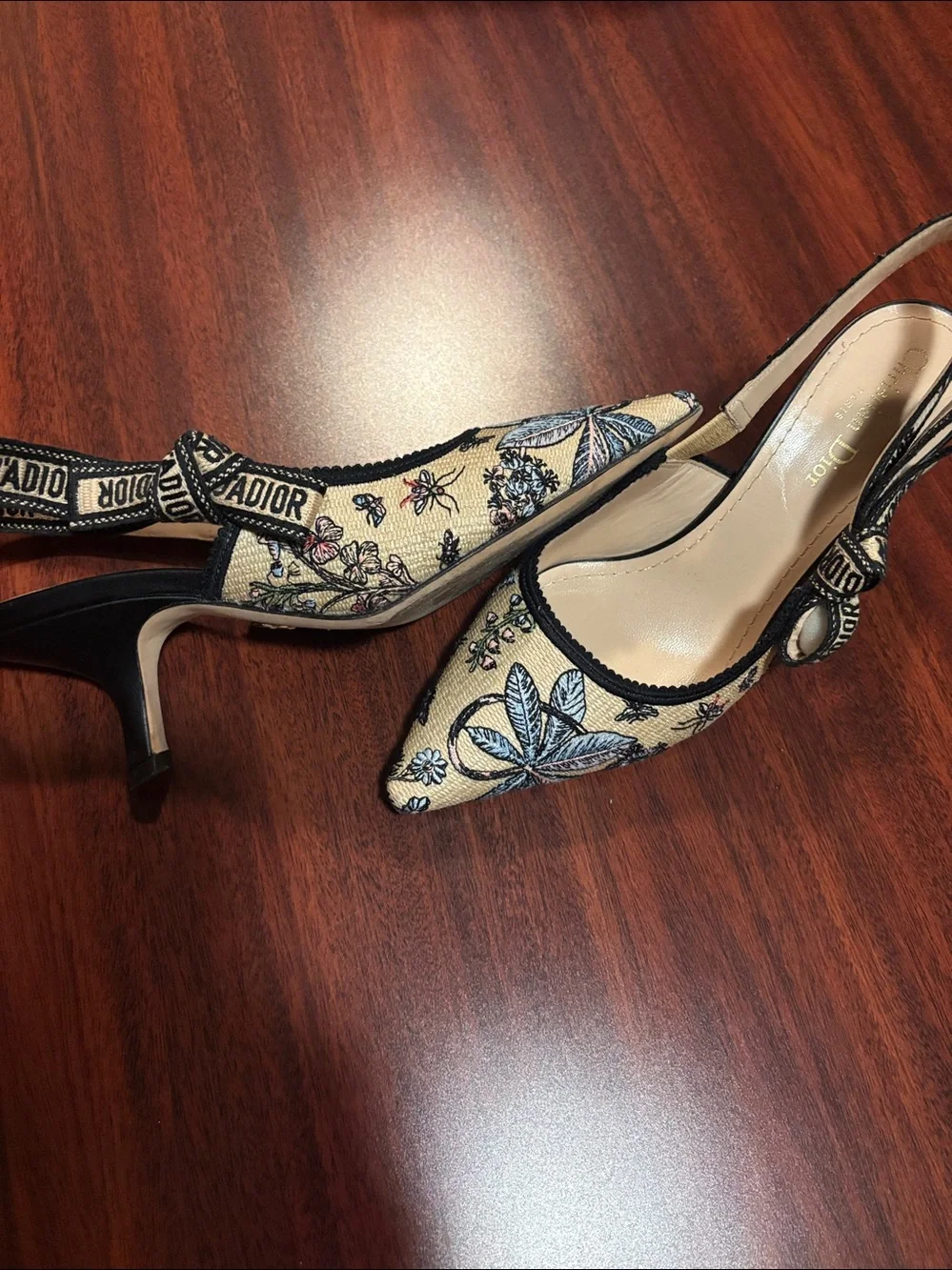 Dior Beige Embroidered Pointed Slingback Heels with Blue Floral Detail - Picture 5 of 6